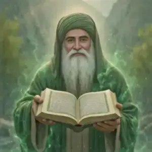 A mystical illustration of Al-Khadir, the Green Guide of Sufi tradition, standing within a lush emerald landscape while holding a sacred book. The image symbolises hidden wisdom, divine guidance, spiritual awakening, mercy and the living path of remembrance.
