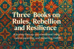Illustrative book-themed artwork representing three interconnected journeys of resilience, motherhood and midlife transformation, symbolising personal growth, reinvention and self-discovery.