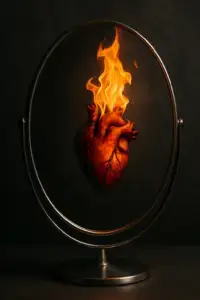 A flaming human heart reflected in a dark mirror, symbolising self-reflection, emotional healing, attachment patterns and the transformative power of love.