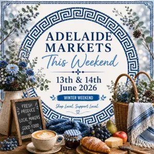 Fresh produce, artisan goods and market stalls at a South Australian community market during winter.