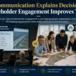 Stakeholders and project teams collaborating around plans and maps during a project workshop, demonstrating how engagement contributes to better decision-making.