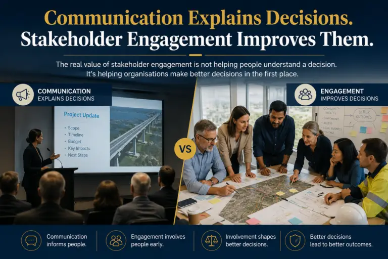Stakeholders and project teams collaborating around plans and maps during a project workshop, demonstrating how engagement contributes to better decision-making.