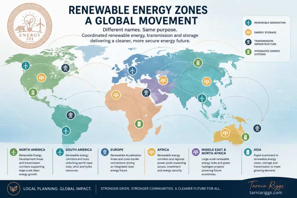 Global map illustrating Renewable Energy Zones and coordinated clean energy planning across Australia, Asia, Africa, Europe, the Middle East, North America, Central America and South America.