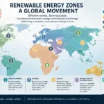 Global map illustrating Renewable Energy Zones and coordinated clean energy planning across Australia, Asia, Africa, Europe, the Middle East, North America, Central America and South America.