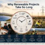 Energy #101 infographic illustrating why renewable energy projects take years to develop, featuring wind turbines, solar panels, transmission infrastructure, community consultation, environmental field studies, planning processes and project delivery stages.