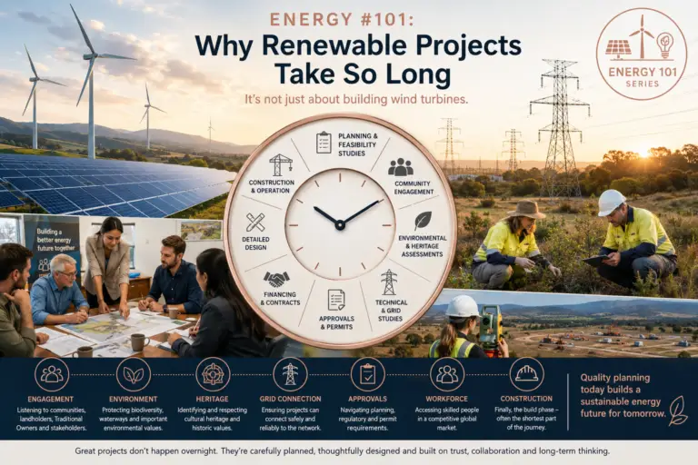 Energy #101 infographic illustrating why renewable energy projects take years to develop, featuring wind turbines, solar panels, transmission infrastructure, community consultation, environmental field studies, planning processes and project delivery stages.
