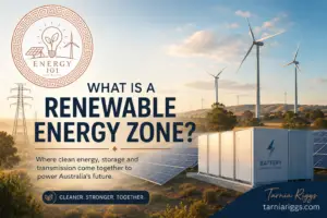 Renewable Energy Zone with wind turbines, solar farm, battery storage and transmission lines illustrating how renewable electricity is generated, stored and connected to the grid in Australia.
