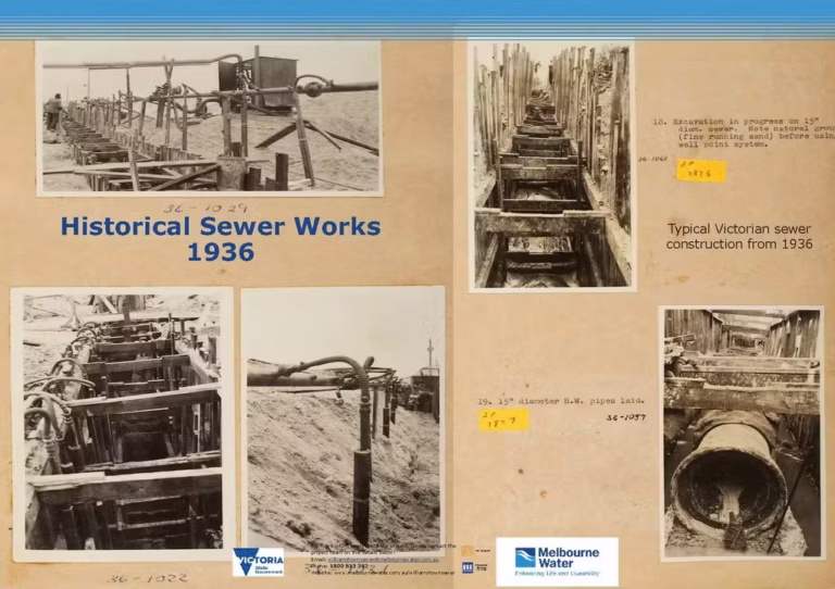 Historical sewer construction works in Melbourne, 1936, showing workers excavating trenches, timber shoring, pipe installation and Victorian-era sewer infrastructure construction techniques.