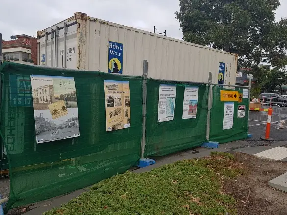 Community information and heritage display panels installed along construction fencing during the Ferguson Street occupation works as part of Melbourne Water's Williamstown Main Sewer Rehabilitation Project.