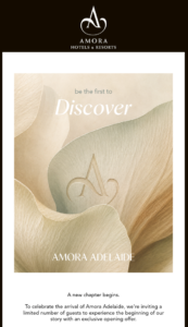 Promotional image for Amora Adelaide featuring soft floral-inspired textures in neutral tones with the Amora Hotels & Resorts logo and announcement of the new luxury hotel opening in Adelaide.