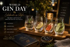 Classic gin martini served with olives alongside a selection of premium gin bottles celebrating World Gin Day in South Australia.