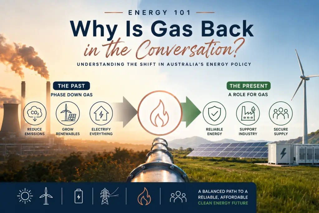 Energy 101 cover image showing natural gas infrastructure alongside wind turbines and solar panels, illustrating Australia's evolving energy transition and the continuing role of gas.