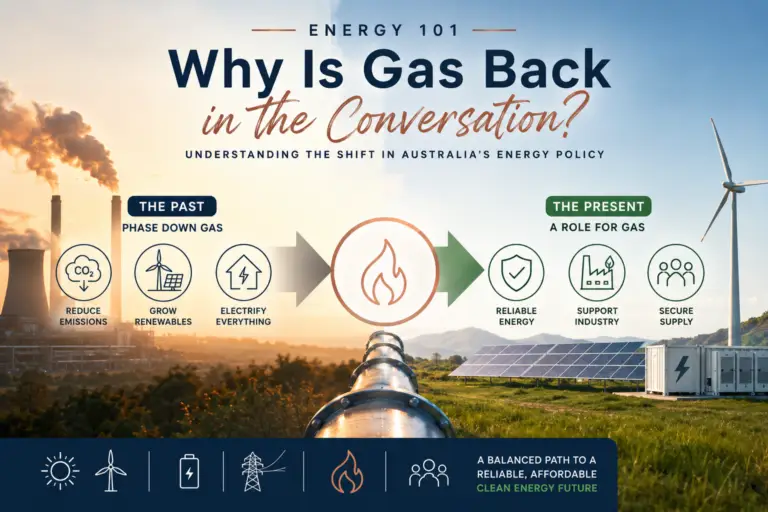 Energy 101 cover image showing natural gas infrastructure alongside wind turbines and solar panels, illustrating Australia's evolving energy transition and the continuing role of gas.