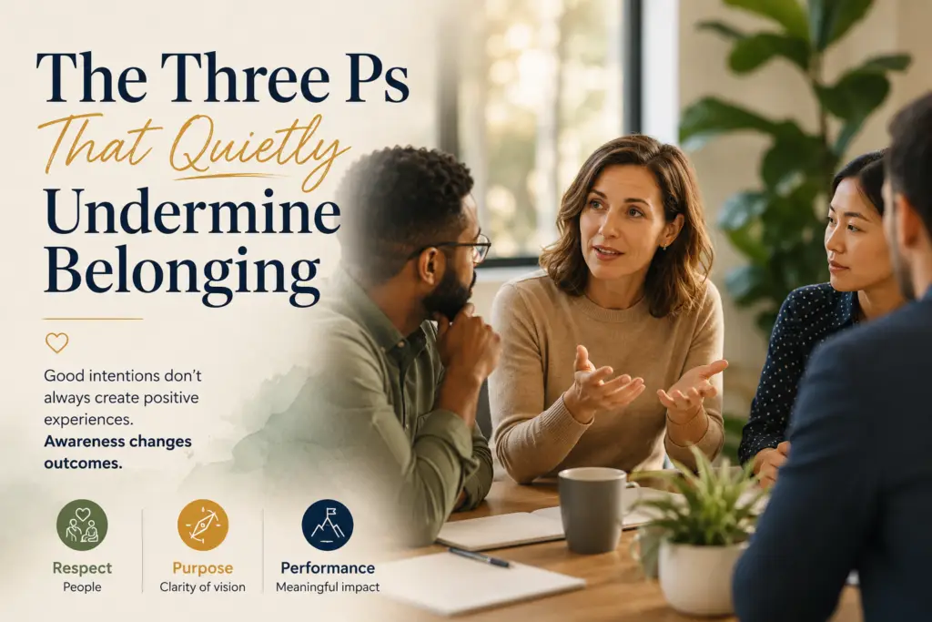 The Three Ps That Quietly Undermine Belonging – professionals collaborating in a workplace meeting representing inclusive leadership, trust and psychological safety.
