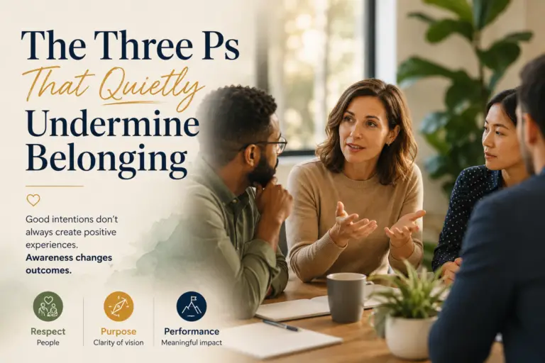 The Three Ps That Quietly Undermine Belonging – professionals collaborating in a workplace meeting representing inclusive leadership, trust and psychological safety.